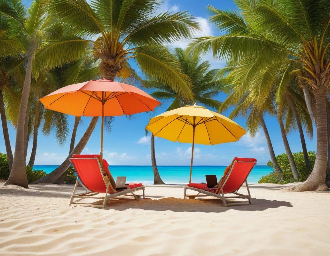 A vibrant digital landscape showcasing a colorful beach scene with a person lounging under an umbrella on a deck chair, using a laptop with a clear display of online security icons and summer-related visuals. Include elements like palm trees and beach balls to evoke a summer vibe, while incorporating a subtle security theme through padlocks and shields in the background. 3D. vibrant colors. summer theme.
